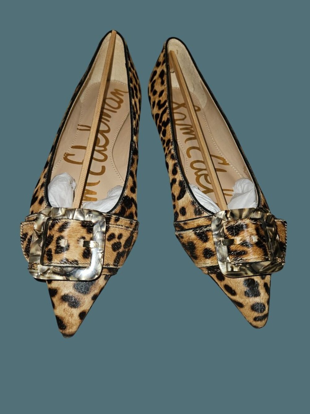 Sam Edelman Sonja Brown Leopard  Dyed Cow Hair Pointed Toe Buckle Flat Shoes 7M